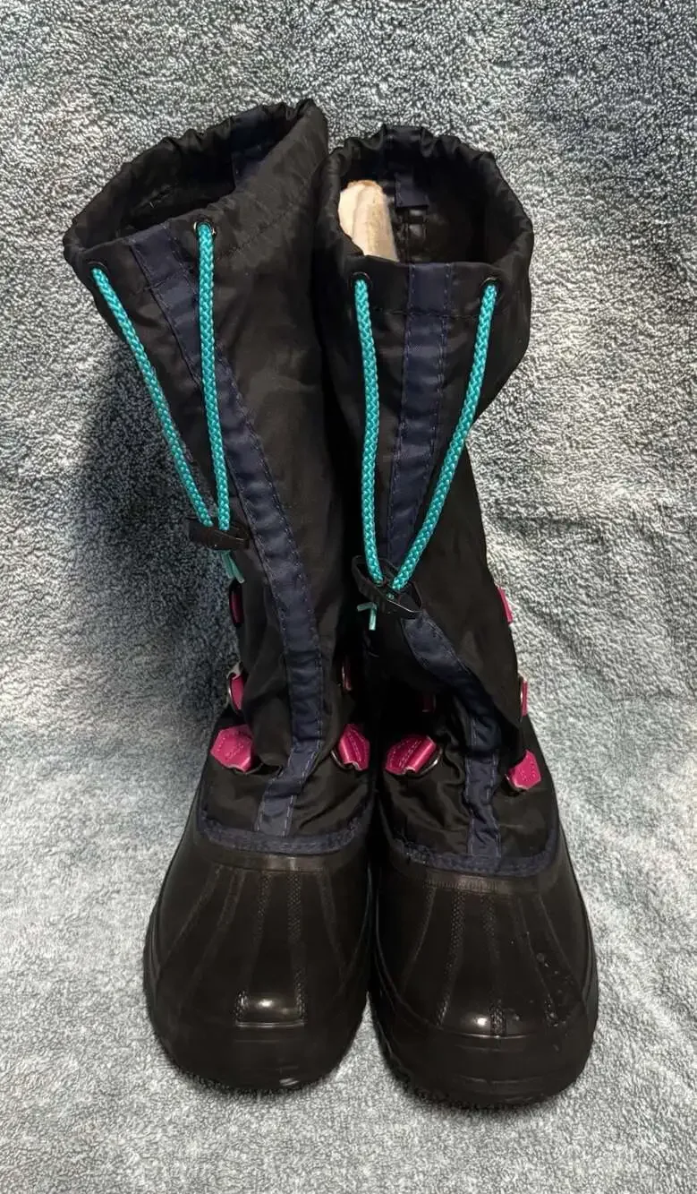 Vintage Sorel Hand Crafted Snow Boots Black Rubber Nylon Turquoise Pink Sz 6